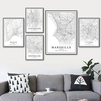 Abstrakčios Linijos Žemėlapis Paryžiaus Modernaus Stiliaus Marselio Plakatai Mados Drobė Paveikslų, Prancūzija Miestas Spaudinių Namų Interjero Apdaila
