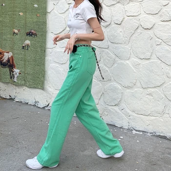 Aukštos Juosmens Moterų Džinsus Streetwear Vientisos Spalvos Korėjos Mados Pločio Kojų Kelnės Atsitiktinis Baggy Vasaros Tiesiai Ponios Džinsinio Audinio Kelnių