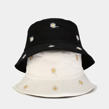 Daisy grįžtamasis kibiro kepurę hip-hop medvilnės, dviejų šoninių panama, siuvinėta gėlių vasaros skrybėlę dangtelis nuo saulės paplūdimyje sunhat dropship