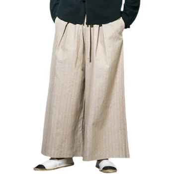 Dryžuotas Lininis Platus Pants Mens Hakama Mėlyna Chaki Kelnes Su Plačia Apačia Kinijos Kimono Kelnės Vasarą Laisvi Cotton Capri