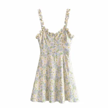 EOICIOI Za 2021 Smėlio spalvos Gėlių Mini Suknelė Moteris Vasarą Slydimo Suknelės Moterims Cottagecore Mielas Suknelės Dirželį, Pynimas Ruched Dress