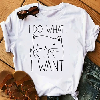 Funny Cat Marškinėliai Miau Moterų Animacinių filmų Spausdinti Marškinėlius Harajuku 90s Grafinis T-shirt Vasaros Trumpas Rankovės Mados Viršų Tee Moteris