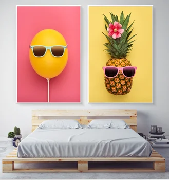 Havajų stiliaus plakatai, kietas geltoni balionai ir ananasų aliejaus tapyba, grafika, piešiniai, sienų apdaila, namų baldai