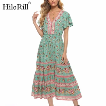 HiloRill Moterims Gėlių Spausdinti Vasaros Suknelė Blyksnius Kaklo Elegantiškas Plisuotos Suknelė V Kaklo Boho Paplūdimio Ilga Suknelė Vestidos De Verano