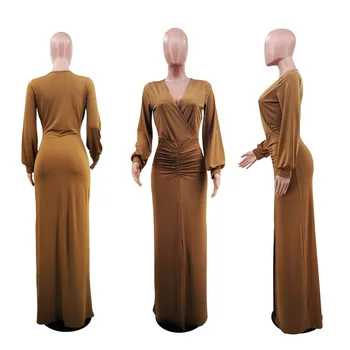 Ilgai Afrikos Suknelės Moterims V Kaklo Žibintų Rankovės Rūbeliai 2021 Naujas Mados Vientisos Spalvos Plonas Puoštas Afrikos Maxi Suknelė Vestidos