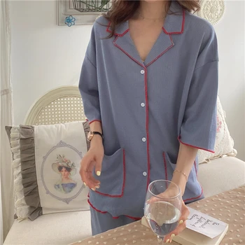 Korėjos Kietas Vasaros Pižama Nustatyti Moterys Viena Breasted Marškinėliai Topai + Šortai Nustatyti Atsitiktinis Medvilnės Namų Kostiumo Kišenės Homewear