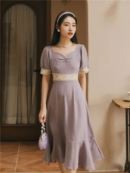 Korėjos Mados Moterų Suknelė Vasaros Derliaus Šviesiai Violetinės Spalvos Nėriniai Kratinys Aikštėje Apykaklės Trimitas Elegantiškas Princesė Suknelės Data Šalis