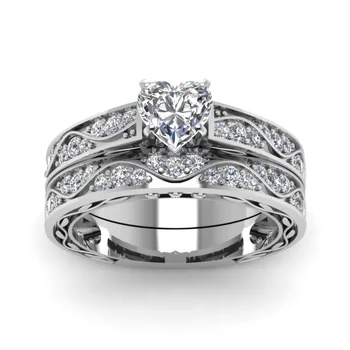 Mados Kristalų Sužadėtuvių Žiedai Rinkinys Moterims Vestuvių Papuošalai Elegantiškas Širdies formos Baltas Cirkonis Žiedai Vestuvių Juostoje Papuošalai
