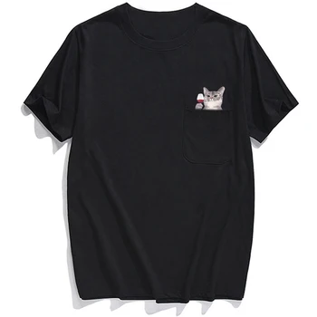 Marškinėliai Mados Prekės ženklo vasaros kišenėje Raudona katė atspausdintas t-shirt vyrams, moterims, marškinėliai Hip-hop viršūnes juokinga medvilnės tees