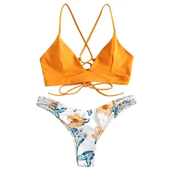Micro Bikini Thong Push Up Aukštos Wwomen ųjų Bikini Skintų Gėlių Dviejų dalių maudymosi kostiumėlį Pushups maudymosi Kostiumėliai Paplūdimio