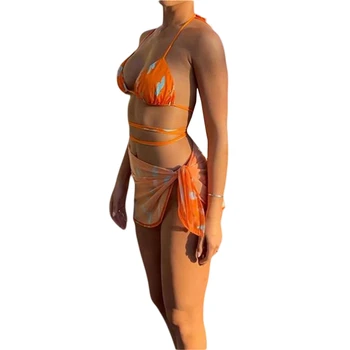 Moterų 3Pcs Spausdinti Bikini Komplektas Padalinta Giliai V-kaklo, Nėriniai-up Tvarstis Apynasrio Viršūnės Thong Trumpikės Paplūdimio Skara Dėvėti Plaukimo