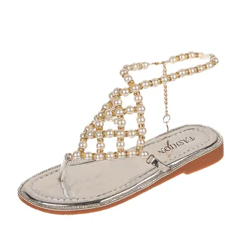 Moterų Sandalai Vasarą Batai Butas Pearl Sandalai, Patogus String Granulių Šlepetės Bohemiškas Stilius Atsitiktinis Sandalai Beach Batai#f35