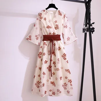 Moterų suknelė Japonijos vasaros šifono mielas gėlių nėrinių aukšto juosmens traf Mergautinė Suknelių mada, retro V-kaklo, nėriniai y2k Moteriška suknelė