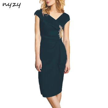 NYZY C24 Paprastas Elegantiškas Kelio Ilgis Kokteilių Suknelės Bžūp Rankovėmis Mėlyna Satino Vestuves Svečias Dėvėti Oficialų Suknelė 2019