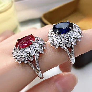 OEVAS 925 Sterlingas Sidabro Rubino, Safyro, Vestuvių Žiedai Moterims Putojantis Hihg Anglies Diamond Vestuvės Fine Jewelry