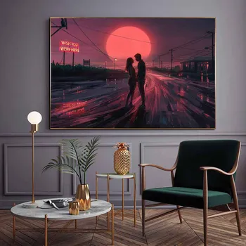 Paveikslas aliejaus tapybai įsimylėjėlių bučinys saulėlydžio meno drobė, tapyba kambarį koridoriaus office home sienų apdaila