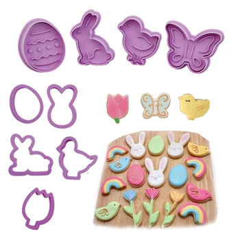 QIFU 4Pcs 3D Velykų Kiaušinių Triušis Plastiko Cookie Cutter Stūmoklį Sausainių Tešlos, Minkštas Kepimo Formą velykų dekoro prekių įrankiai