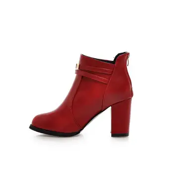 REAVE KATĖ Žieminiai Odiniai batai Blokuoti aukštakulniai Batai trumpas bateliai atgal užtrauktuką Sagtis vestuvių batai raudonas juodas didelis dydis 45 46