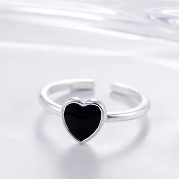 S925 Sterlingas Sidabro Žiedai Moterims juoda širdies fine Jewelry reguliuojamas Atidaryti Žiedai Šalis Gimtadienio Dovana vantage
