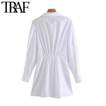 TRAF Moterų Elegantiškos Mados Su Puoštas Popelinowy Balta Mini Suknelė Vintage ilgomis Rankovėmis Mygtuką-iki Moterų Suknelės, Vestidos Mujer