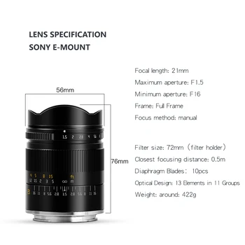 TTArtisan Fotoaparato Objektyvą 21mm F1.5 Visiškai Šlovės Rankinis Fokusavimas Sony E Canon RF Nikon Z Sigma Lumix su Leica L Mount Kameros