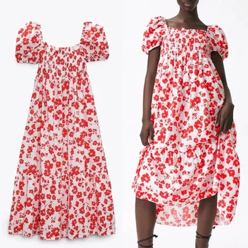 Vasaros Raudonos Spalvos Gėlių Spausdinti Midi Suknelė Moterims Za 2021 Trumpas Sluoksniuotos Rankovėmis Mados Suknelės Ruched Flounced Krašto Atsitiktinis Moteriška Ilga Suknelė