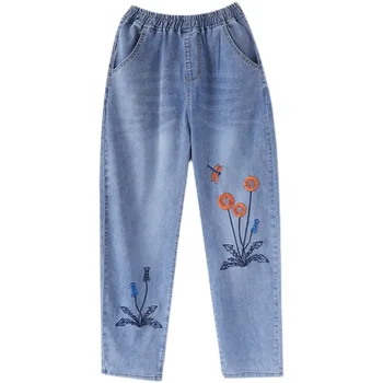 Vasaros rudens atsitiktinis palaidų jean derliaus gėlių siuvinėjimas džinsai moteris aukštos juosmens 2021 džinsinio audinio kelnės Haremo kelnės