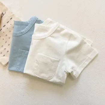 Vasaros Vaikų Kišenėje Apdailos marškinėliai Mergaitėms Trumpas rankovėmis Kūdikiui Viršūnes Berniukai Tee Marškinėliai Dryžuotas Bamblys vaikiški Drabužiai