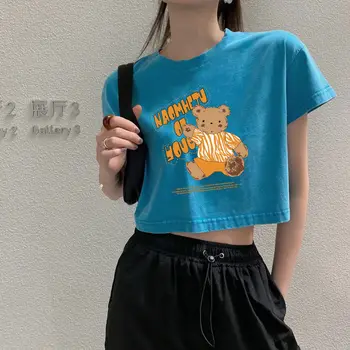 Vasarą Cartoon Spausdinti Harajuku T-marškinėliai Moterims Slim Trumpas Rankovės Apkarpyti Viršūnes Seksualus Retro Medvilnės Drabužius Studentų Kvėpuojantis Outwear