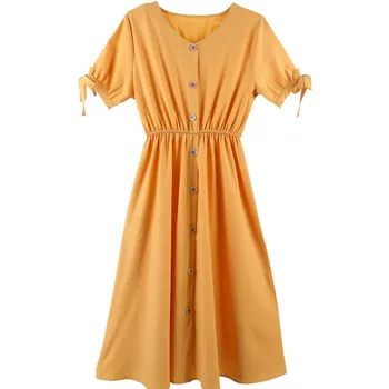 VIVONE susirasti naujų vasaros Ling saldus citrinų geltona trumpas rankovėmis suknelė ne gryna spalva rodo, plona, elastinga juosmens v-kaklo suknelė
