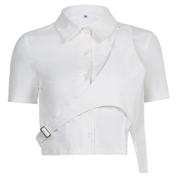 Weekeep Elegantiškas, Kietas Iškirpti T-Shirt Moterims trumpomis Rankovėmis Mygtukus Aukštyn Tee Marškinėliai Vasaros Prašmatnus Y2K Balta Pasėlių Viršuje Harajuku Streetwear