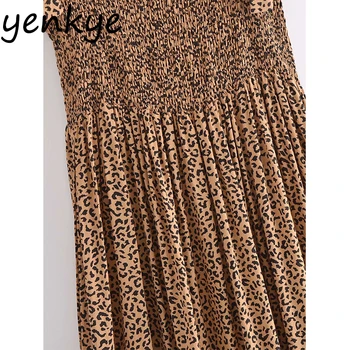 YENKYE Sexy Diržas Derliaus Leopard Suknelė Moterų Berankovis Vestido Mujer Atostogų Atsitiktinis Šalies Ilgos Suknelės Vasaros 2021