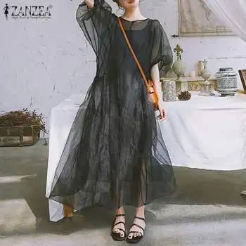 ZANZEA 2021 Elegantiškas Šifono Suknelė Moterų Vasaros Sundress Sluoksniuotos Rankovėmis Maxi Vestidos Moterų Atsitiktinis O Kaklo Skraiste 2VNT Negabaritinius