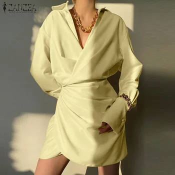 ZANZEA Elegantiškas V-Kaklo, ilgomis Rankovėmis Mini Suknelė Moterims Vasaros OLIS Sundress Atsitiktinis, Kietas Plisuotos Šalies Vestidos Streetwear Skraiste Femme