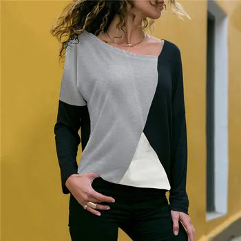 ZOGAA 2020 Moterų Drabužių Prisiūtas Spalvos Blokus Long Sleeve T-shirts Atsitiktinis Mados Nerijos Apykaklės Marškinėliai Moterims Prarasti Viršūnės
