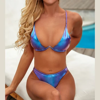 2020 Nauja Seksuali shinny mėlyna bikini komplektas underwire pu Atsitiktinis Lady Streetwear bling moterų maudymosi kostiumą, blizgučiai maudymosi kostiumėlį sparkle bic
