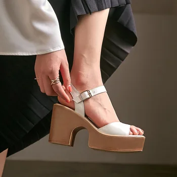 2020 naujas atvyksta moterų vasaros sandalai, batai seksualus aukštakulniai platformos batai moteris originali karvės oda balta ruda sandalai, batai