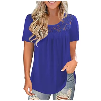 2021 Moterų Vasaros Mados marškinėliai Topai Nėrinių Kietas Sujungimas O-kaklo trumpomis Rankovėmis T-shirt Viršūnes Camisetas De Mujer Camisetas