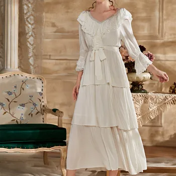 2021 Nauja, Moterų Ilgas, Baltos spalvos Pižamą Tortas Modelis Sleepwear Sijonas Su Diržu Rūmai Derliaus Slim Nightdress S Sleepshirt