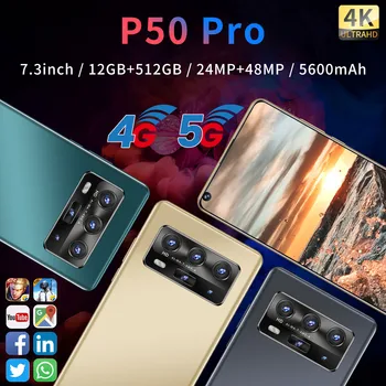2021 Pasaulio Versija P50 Pro 5G 7.3 Colių Android 10.0 vandens lašelius HD Ekranas, mobilusis telefonas, Mobilusis Telefonas, 5600mAh 12 GB 512 GB Išmanųjį telefoną