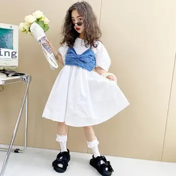 2021 vaikų vasaros medvilnės suknelė baby girl džinsinis diržas top Tube dress vaikų trumpomis rankovėmis suknelė 4-14 metų wz112