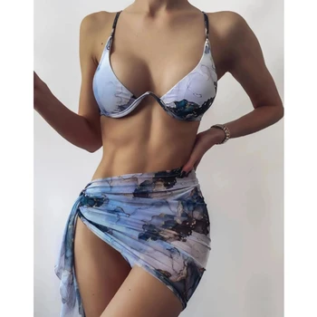 3Pcs Bikini komplektas su Dangčiu-iki Sijonas Moterų Vasaros Marmuro Modelis Kamšalu Underwire Liemenėlė Bather Maudymosi Kostiumas