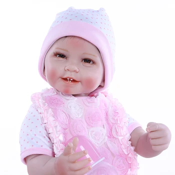 55CM 0-3Month nekilnojamojo baby dydis smile baby dantų realitic reborn baby doll tikroviška, minkšta liesti svertinis kūno lėlės rožinė suknelė