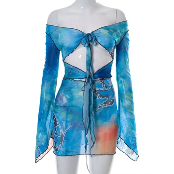 Adogirl Mados Kaklaraištis Dažų Spausdinti Moterų Blyksnius Rankovės Bodycon Mini Suknelė Komplektus Naktį Šalies Klubas Suknelės Seksualus Vasaros Paplūdimio Drabužiai