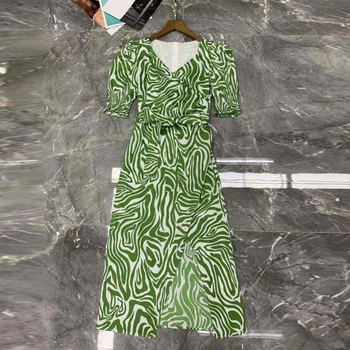 AELESEEN Dizainerio Mados Moterų Suknelė 2021 M. Vasarą Sluoksniuotos Rankovėmis High Street V-Kaklo Banga Spausdinti Žalia Splited Ilga Seksuali Suknelė