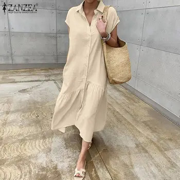 Elegantiškas, Kietas Marškinėliai Suknelė Moterų Vasaros Sundress ZANZEA 2021 Atsitiktinis Trumpas Rankovės Maxi Vestidos Moterų Atvartas Skraiste