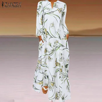 Elegantiškas Šalis Kaftan Vestidos 2021 Bohemijos Gėlių Spausdinti Sundress ZANZEA Moterys Vasarą ilgomis Rankovėmis Maxi Ilgio Suknelės, Negabaritinių