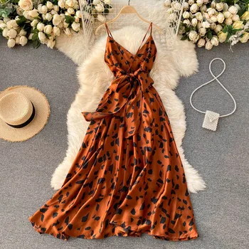 Fitaylor Naujas Vasaros Moterų Atsitiktinis V-kaklo Leopard Aukšto Juosmens-line Šalies Slydimo Suknelė Seksualus, Elegantiškas Tvarstis Lankas Ilgos Suknelės