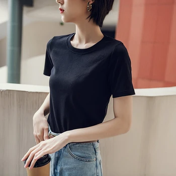 HAN trumparankoviai marškinėliai moterims vasaros naują stilių ruožas medvilnės apvalios kaklo multi-color pagrindinio paprasta dugno marškinėliai visas rungtynes
