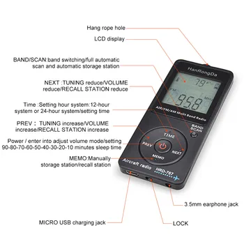 HanRongDa HRD-767 Mini Pocket Radio Orlaivių Band Imtuvas, Nešiojamieji Radijo imtuvai, LCD Ekrano Užrakinimo Mygtukas FM/AM/ORO Radijas su Ausinių